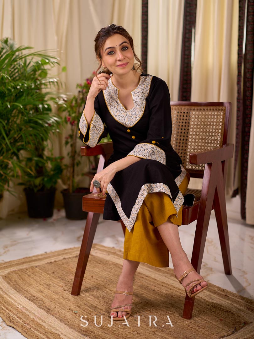 Timeless Black Cotton Kurta with White Floral Hand Block Printed Yoke, Cuffs & Hem with Contrast Button Detail
