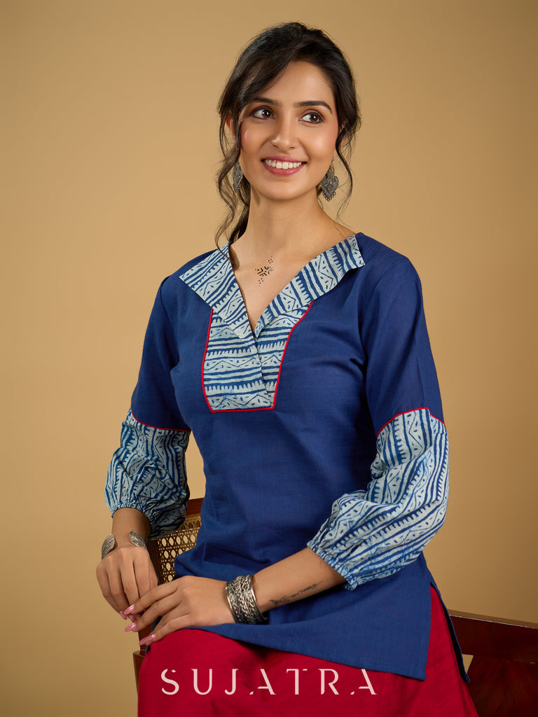 Classic indigo cotton top featuring smart and elegant collar design - skirt optional
