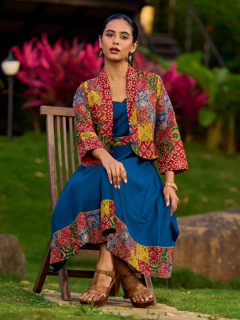 Chic Ajrakh Patchwork Open Front Cotton Jacket
