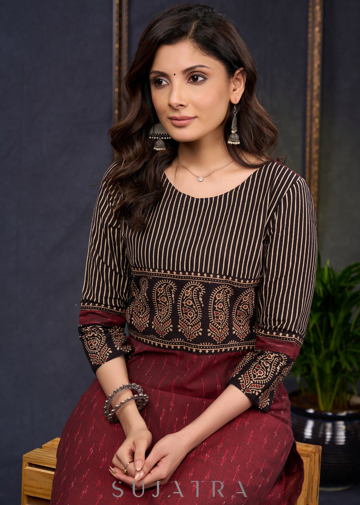 Elegant-Maroon-Cotton-Ikat-And-Ajrakh-Combination-Kurta--Pant-Optional