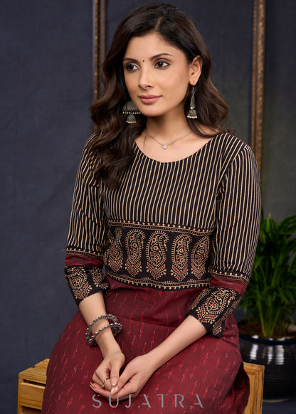 Elegant-Maroon-Cotton-Ikat-And-Ajrakh-Combination-Kurta--Pant-Optional