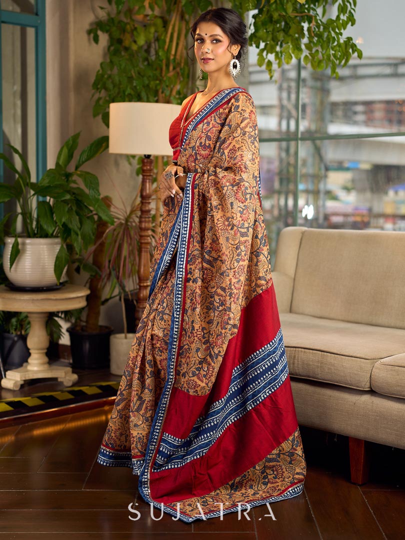Elegant Mustard Kalamkari Print Chanderi Saree with Navy Blue Indigo Border