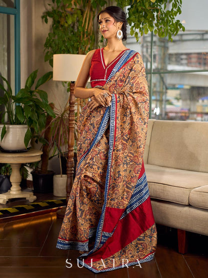 Elegant Mustard Kalamkari Print Chanderi Saree with Navy Blue Indigo Border
