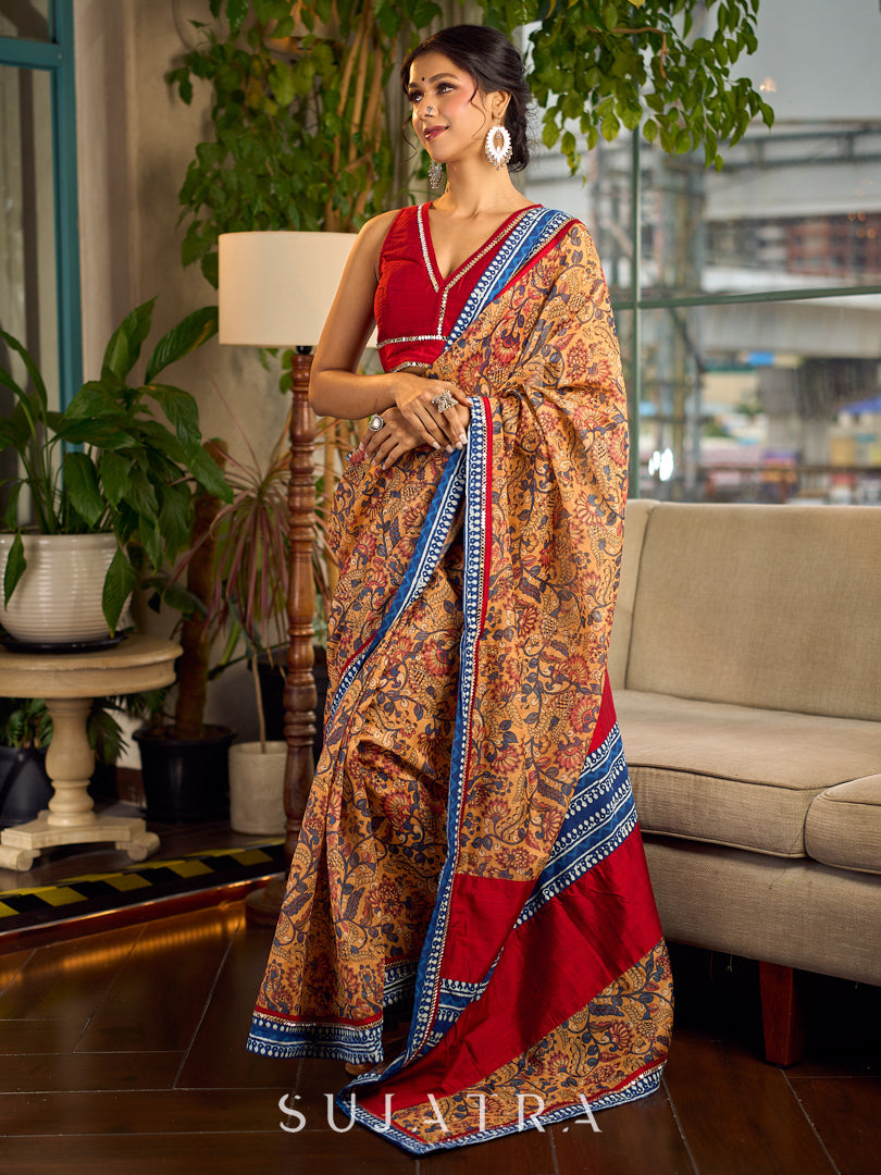 Elegant Mustard Kalamkari Print Chanderi Saree with Navy Blue Indigo Border