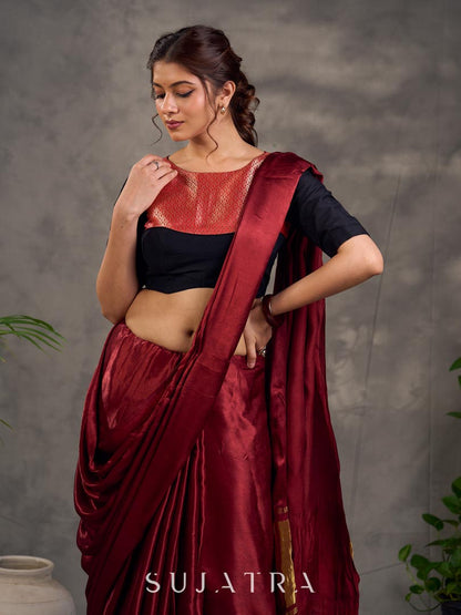 Midnight Black Cotton Silk Blouse with Antique Maroon Benarasi Boat Neck Yoke