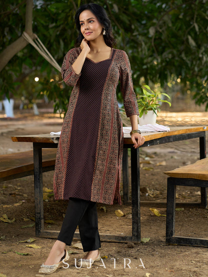 Sleek Black Ajrakh Panel Kurta with Fine Embellishments