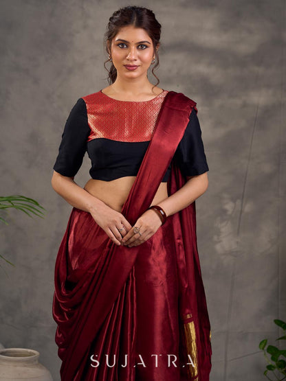 Midnight Black Cotton Silk Blouse with Antique Maroon Benarasi Boat Neck Yoke