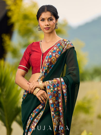 Classic Bottle Green Georgette Saree with Kalamkari Border Detailing & Ajrakh Highlight