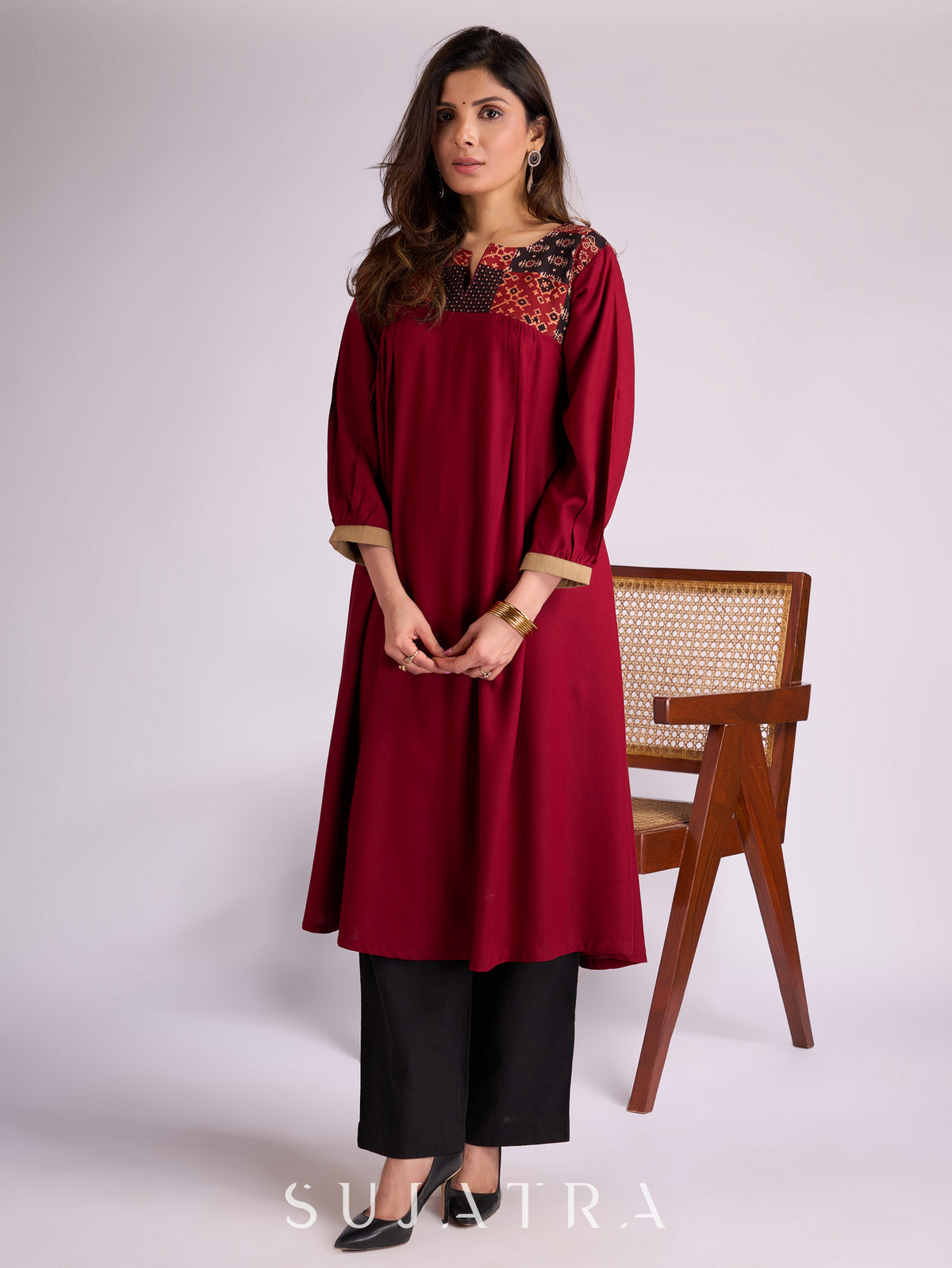 Dussehra Sale — Maroon Rayon Kurta with Ajrakh Patchwork & Pleats Detailing - Pant Optional