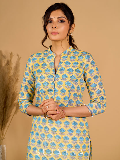 Lush Lemon Mul Cotton Kurta with Contrast Piping and Delicate Pearl Embellishments