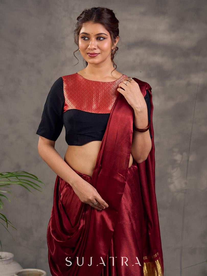 Midnight Black Cotton Silk Blouse with Antique Maroon Benarasi Boat Neck Yoke