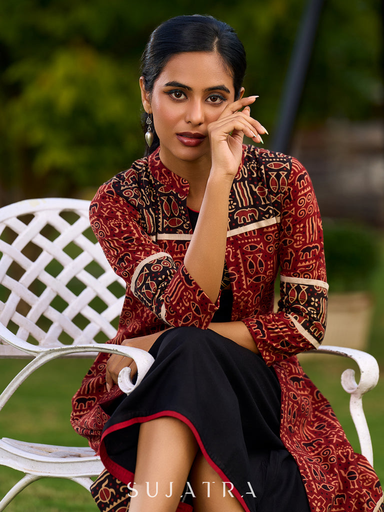 Sophisticated Cotton Ajrakh Animal Motif Jacket in Rich Maroon and Black Combination