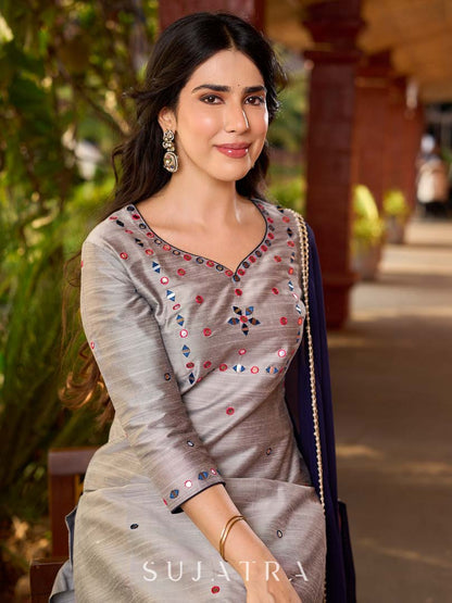 Refined Grey Cotton Silk Kurta with Intricate Contrasting Mirror Work