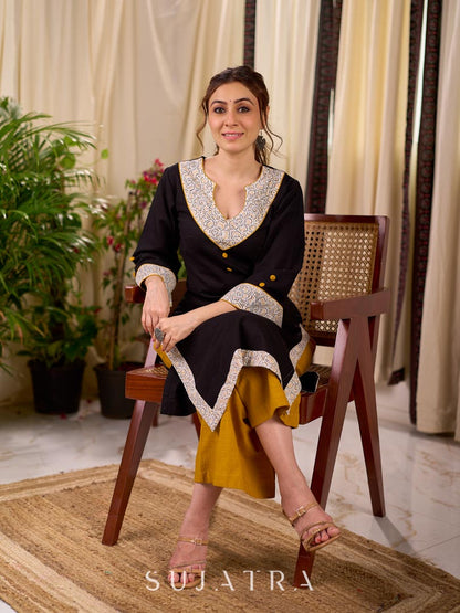 Timeless Black Cotton Kurta with White Floral Hand Block Printed Yoke, Cuffs & Hem with Contrast Button Detail