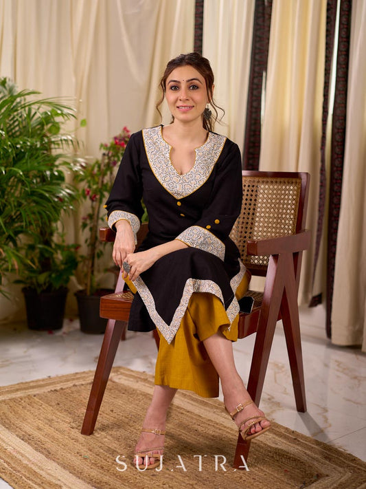Timeless Black Cotton Kurta with White Floral Hand Block Printed Yoke, Cuffs & Hem with Contrast Button Detail