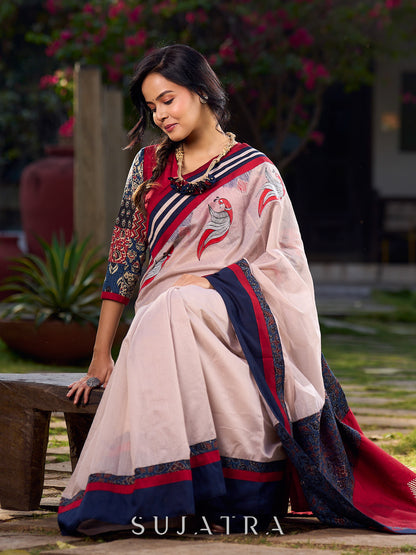 Beige Chanderi Saree With Ajrakh Accents And Vibrant Borders and Delicate Hand Painting