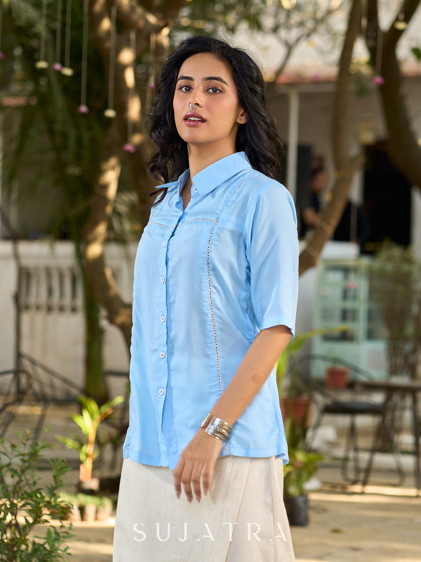 Powder Blue Modal Shirt Accented With Subtle Lace Details