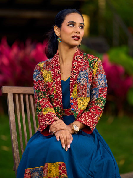 Boho Chic Ajrakh Patchwork Open Front Cotton Jacket