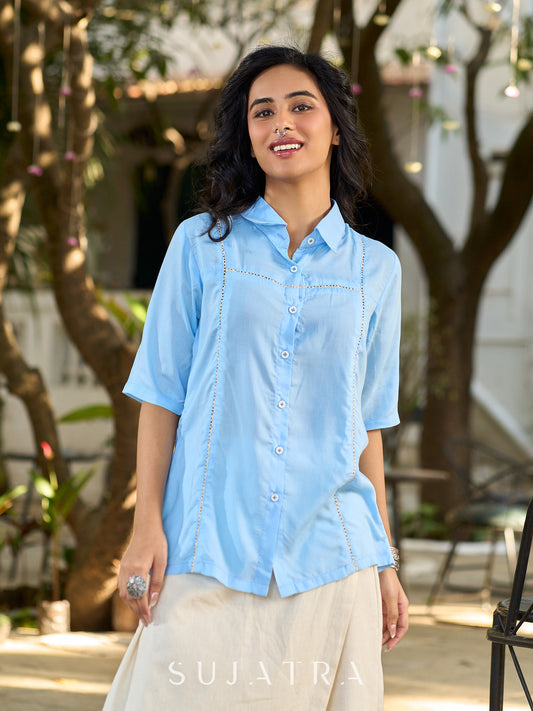 Powder Blue Modal Shirt Accented With Subtle Lace Details