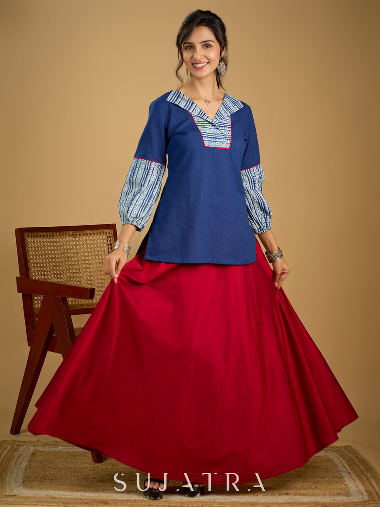 Classic indigo cotton top featuring smart and elegant collar design - skirt optional