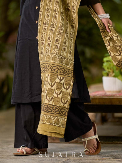 Earthy Olive Mul Cotton Dupatta with Traditional Prints