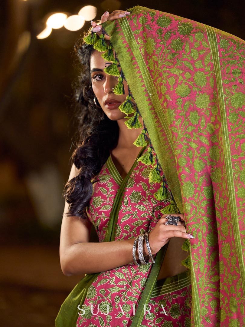Mehendi Green-Pink Mughal Floral Hand Block Print Cotton Saree