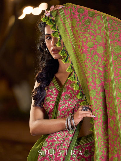Mehendi Green-Pink Mughal Floral Hand Block Print Cotton Saree