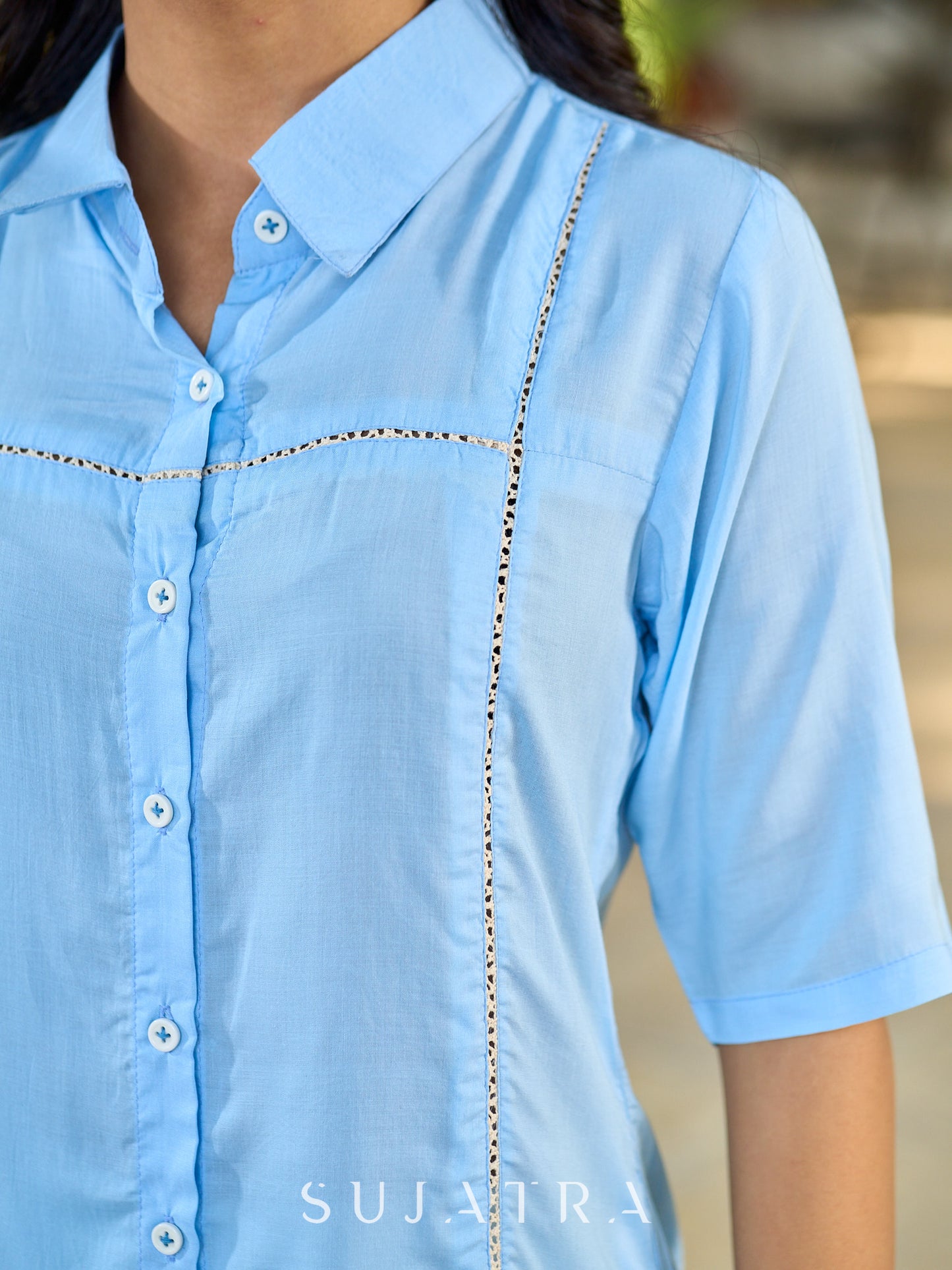 Powder Blue Modal Shirt Accented With Subtle Lace Details