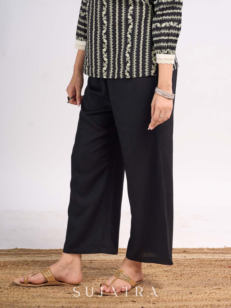 Black Flowy Rayon Wide Leg Pants