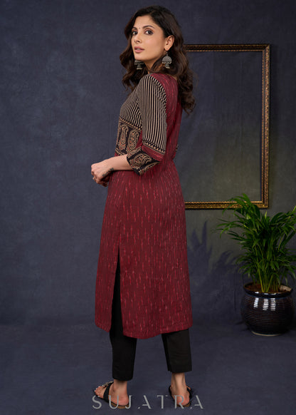 Elegant-Maroon-Cotton-Ikat-And-Ajrakh-Combination-Kurta--Pant-Optional