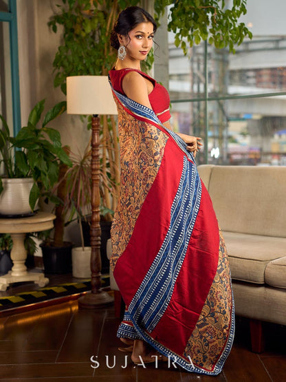 Elegant Mustard Kalamkari Print Chanderi Saree with Navy Blue Indigo Border