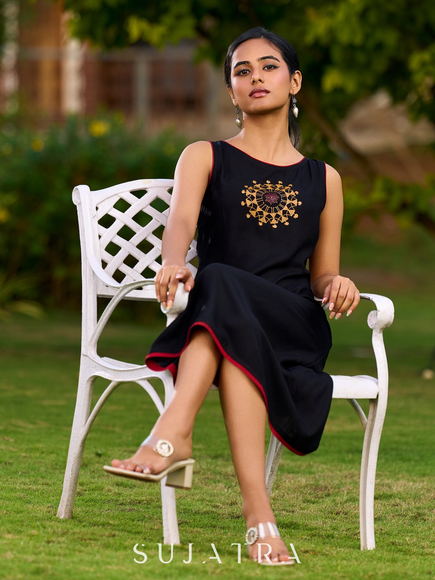 Chic Black Sleeveless Rayon Dress Adorned With Hand-Painted Warli Motif And Maroon Detailing