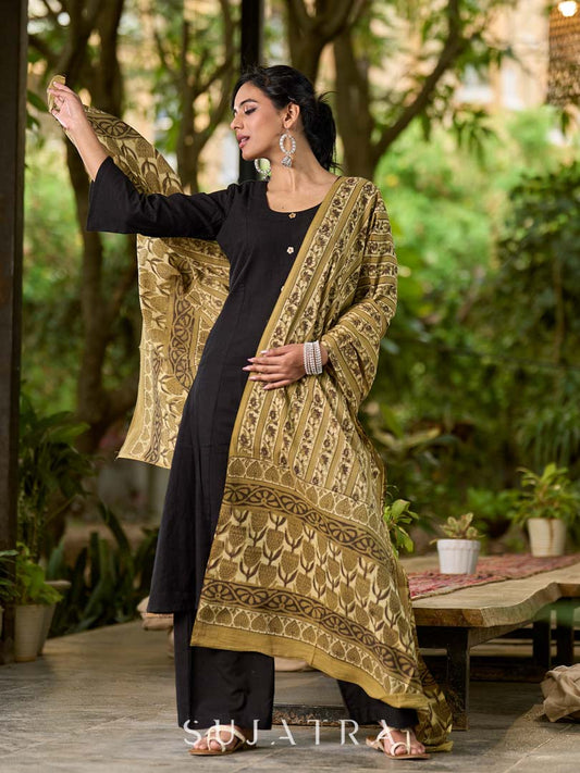 Earthy Olive Mul Cotton Dupatta with Traditional Prints