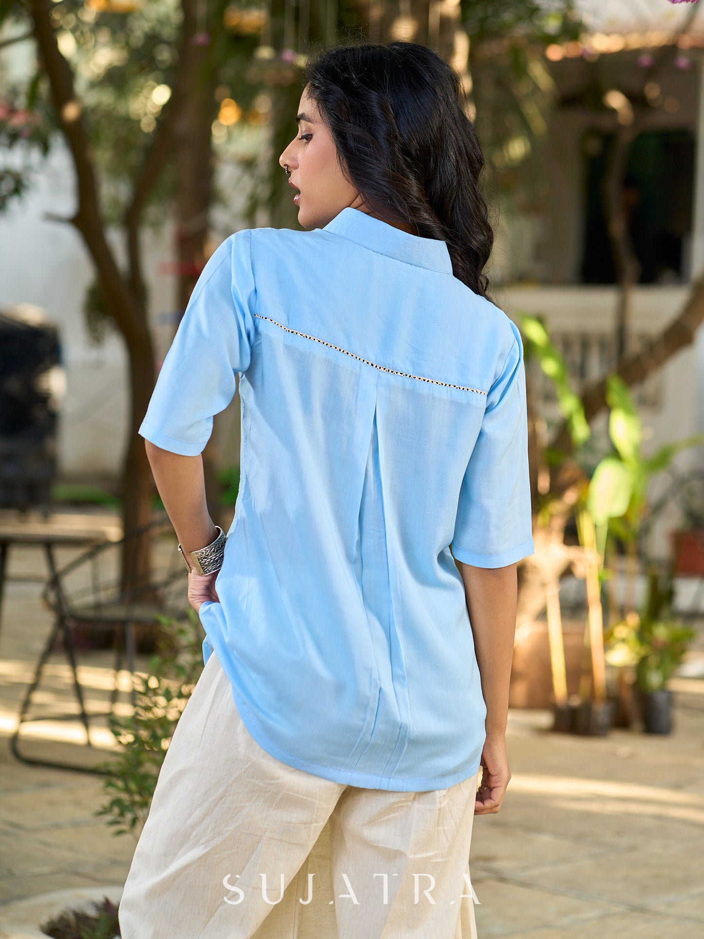 Powder Blue Modal Shirt Accented With Subtle Lace Details