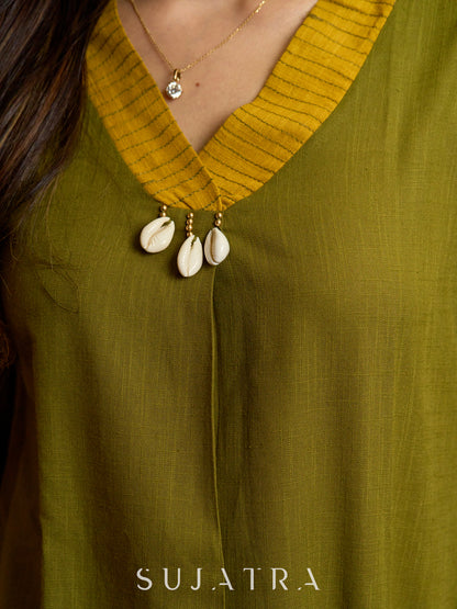 Earthcrafted Olive Mustard Top with Kantha Stitches and Cowrie Shell Highlights
