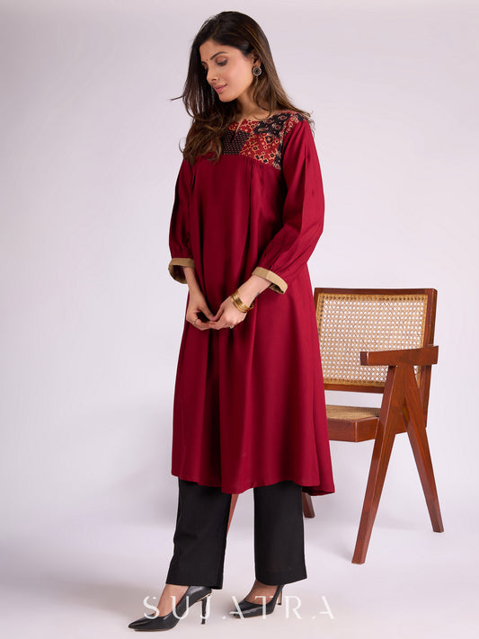 Maroon Rayon Kurta with Ajrakh Patchwork & Pleats Detailing