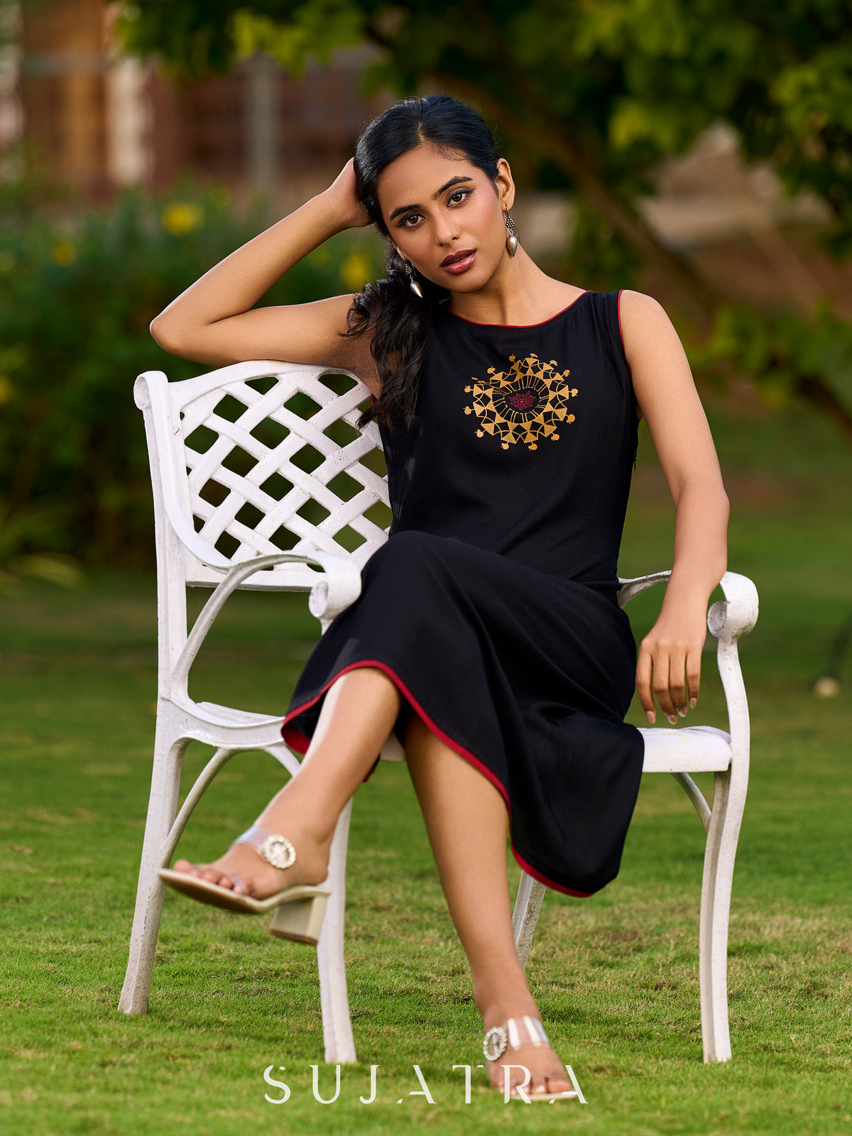 Dussehra Sale — Chic Black Sleeveless Rayon Dress Adorned With Hand-Painted Warli Motif And Maroon Detailing