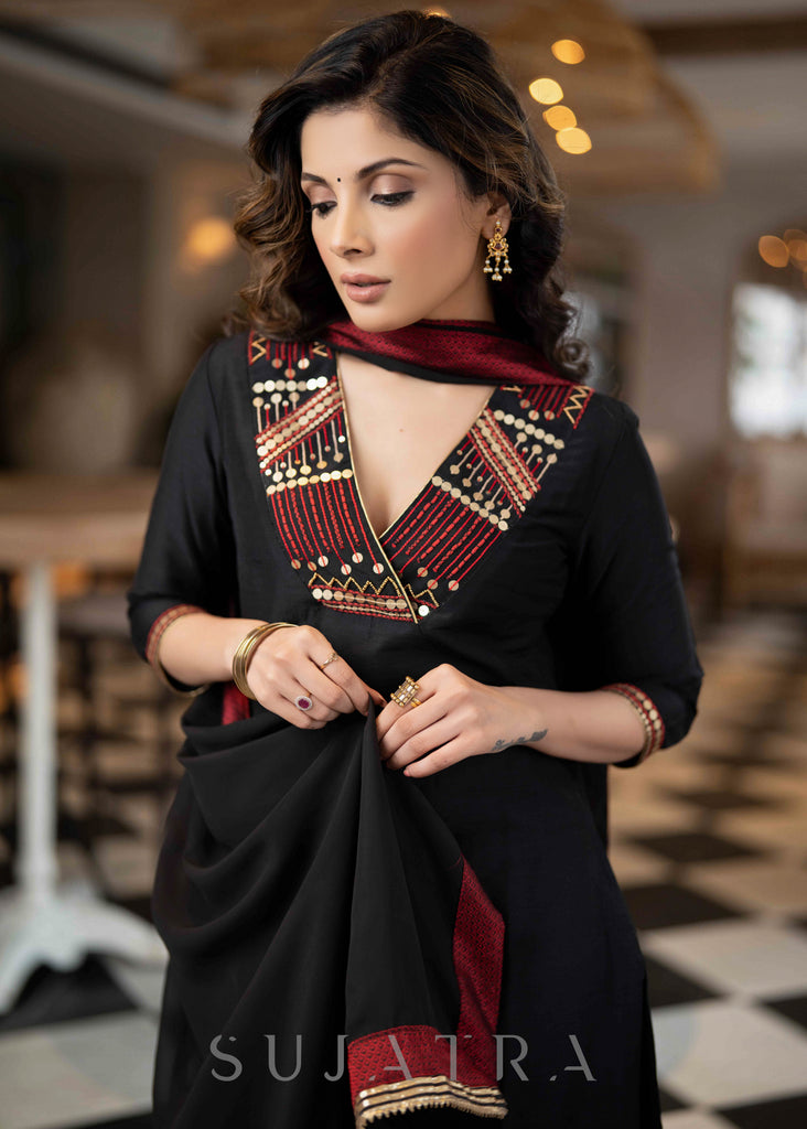 Elegant Black Cotton Silk Pant & Kurta With Red & Gold Embroidery On Neckline & Sleeves  -Dupatta Optional