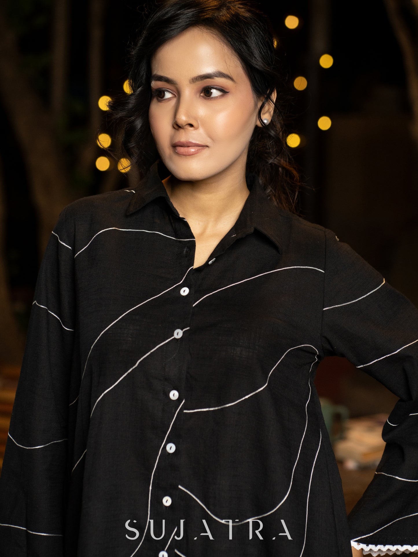 Bold Black Cotton Shirt with Abstract Embroidered Lines and Crochet Lace Accents