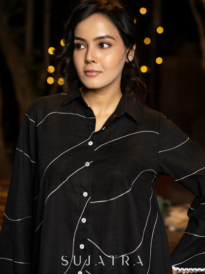 Bold Black Cotton Shirt with Abstract Embroidered Lines and Crochet Lace Accents