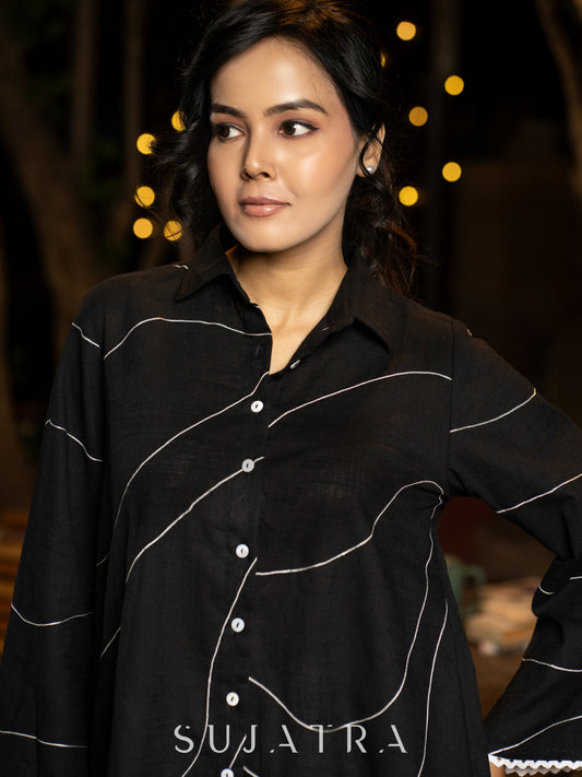 Bold Black Cotton Shirt with Abstract Embroidered Lines and Crochet Lace Accents