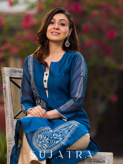 Elegant Navy Blue Chanderi Hand Block Printed Kurta with Intricate Motifs