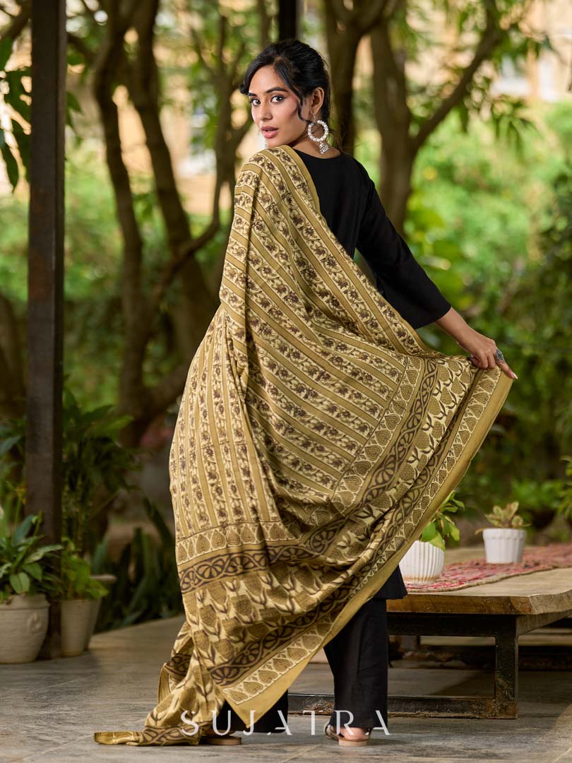 Earthy Olive Mul Cotton Dupatta with Traditional Prints