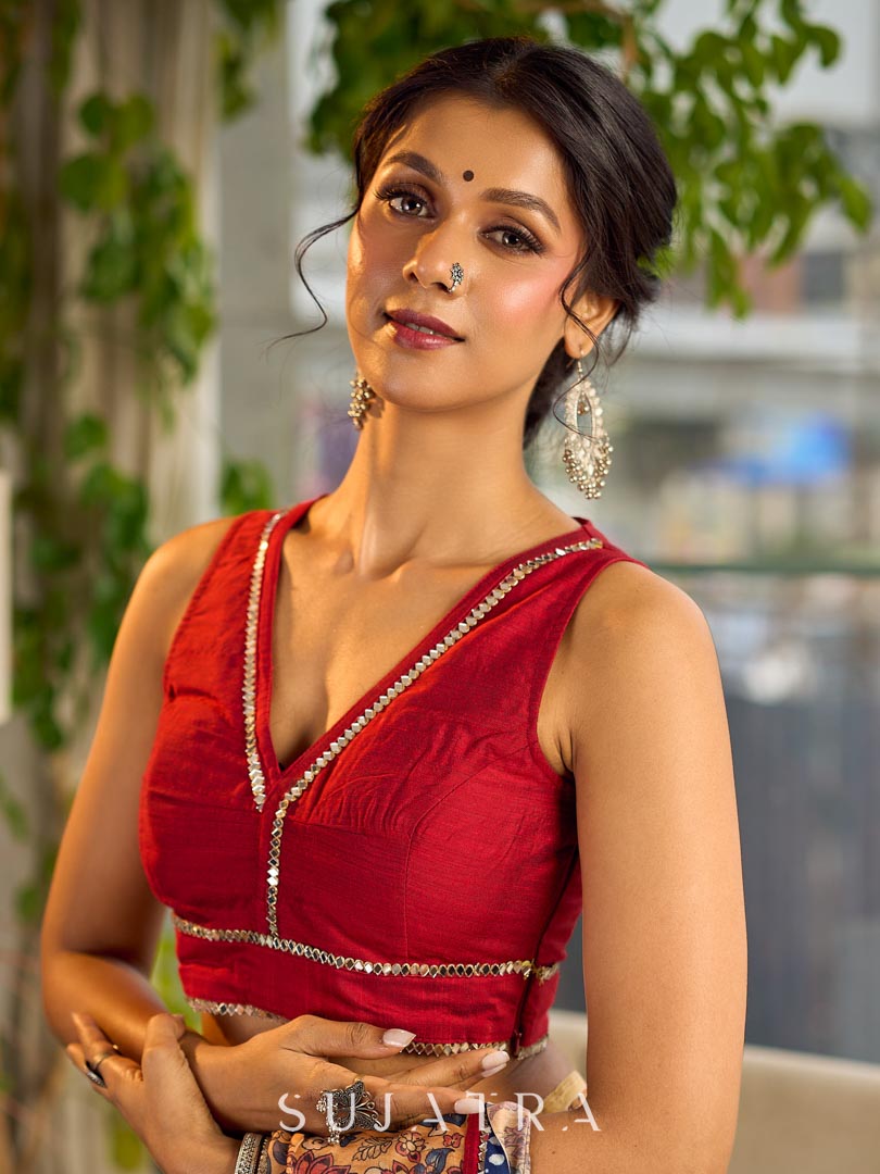 Timeless Maroon Cotton Silk Blouse with Mirror Lace Embellishment
