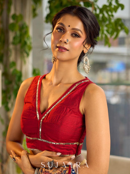 Timeless Maroon Cotton Silk Blouse with Mirror Lace Embellishment