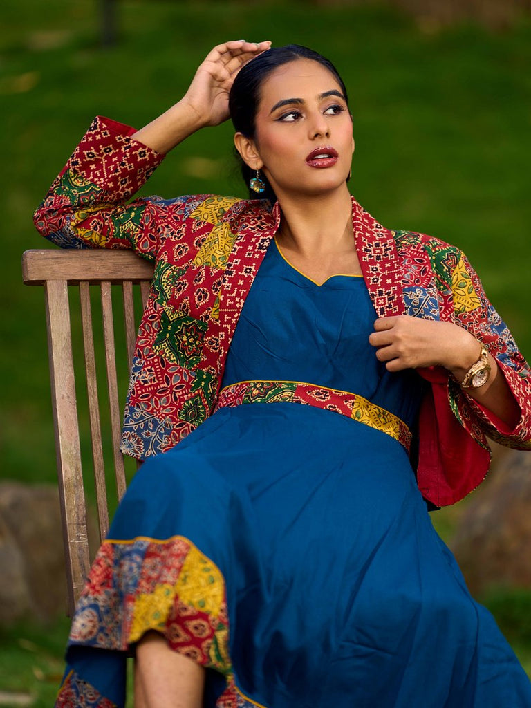 Artisanal Indigo Rayon Flared Dress Featuring Ajrakh Patchwork Hem And Waistline