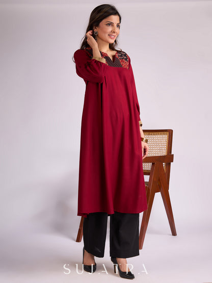 Maroon Rayon Kurta with Ajrakh Patchwork & Pleats Detailing