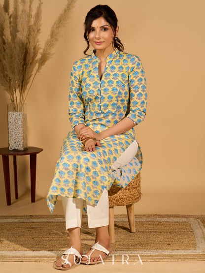 Lush Lemon Mul Cotton Kurta with Contrast Piping and Delicate Pearl Embellishments