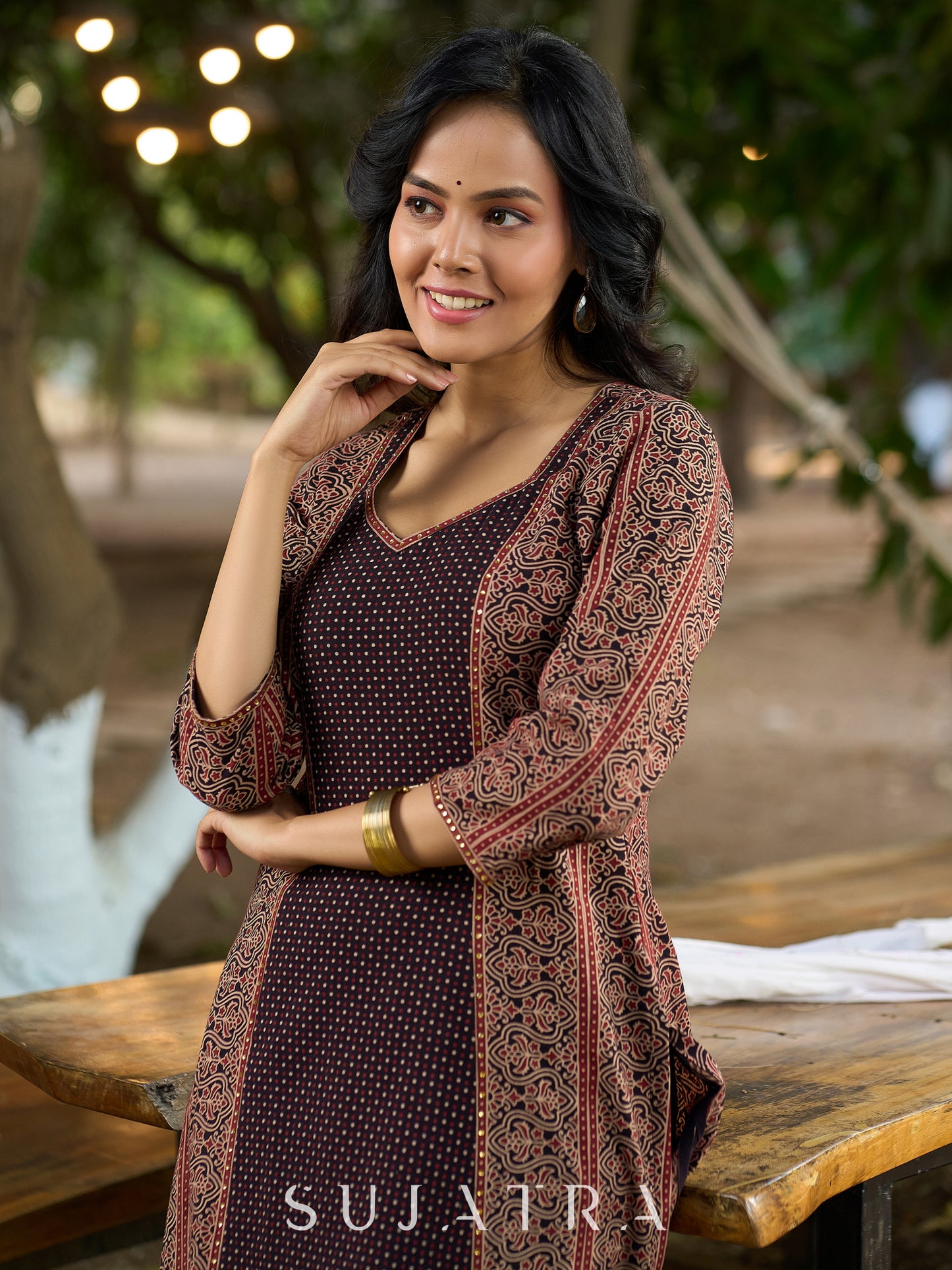 Sleek Black Ajrakh Panel Kurta with Fine Embellishments