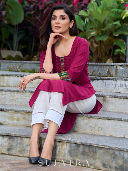 Magenta cotton kurta with Ikkat blend and inverted tuck detailing - ikkat pant optional